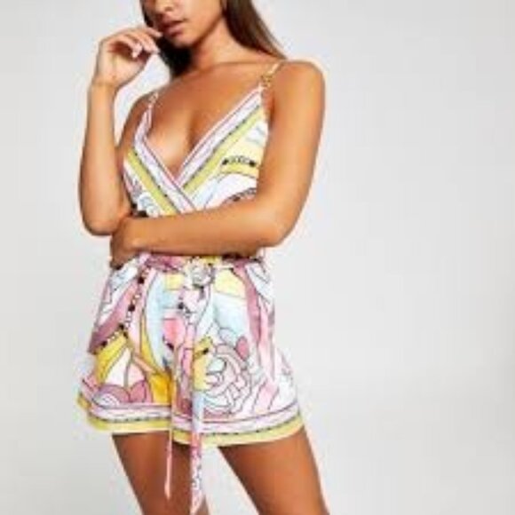 River Island Resort Collection V-Neck Wrap Playsuit Romper  Multicolor Abstract - Picture 1 of 9